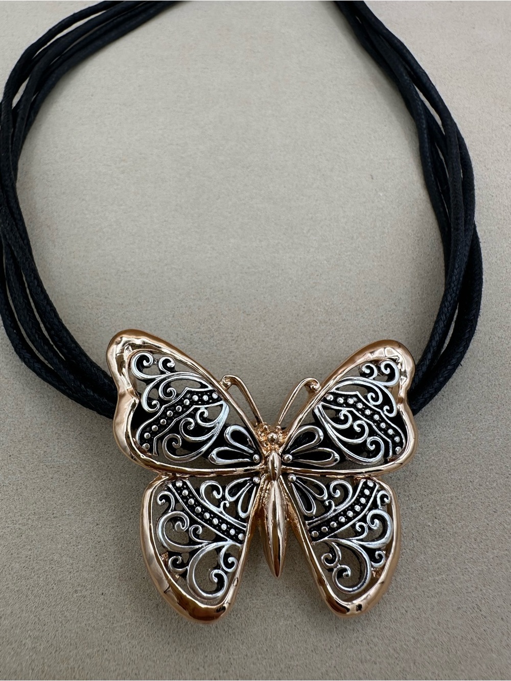 Rose Gold Butterfly Pendant Necklace with Black Cord